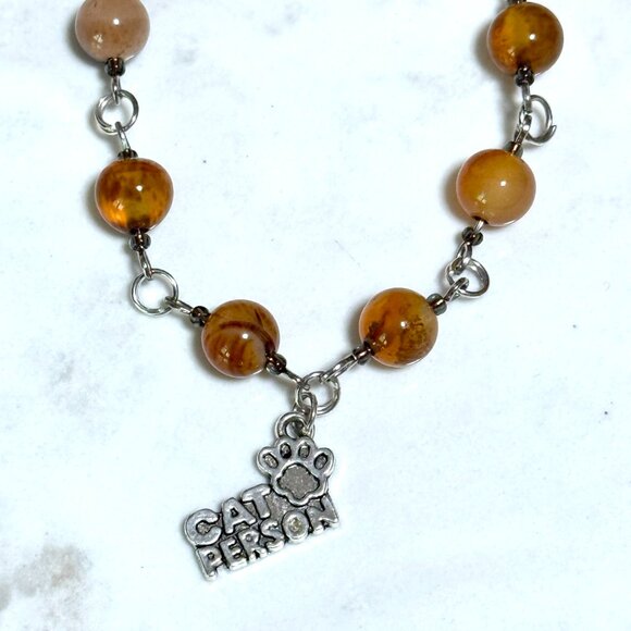 Genuine Earthy Carnelian Agate Short Necklace, Gemstone & Cat Person Paw Print - Picture 5 of 15